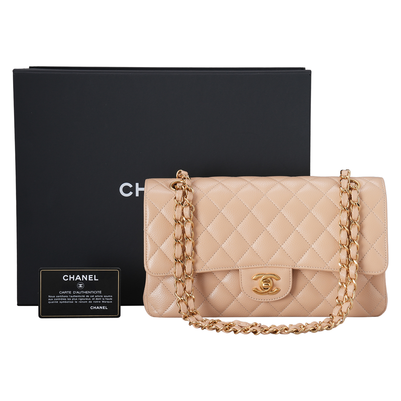CHANEL(USED)샤넬 캐비어 클래식 미듐 플랩백 베이지 금장