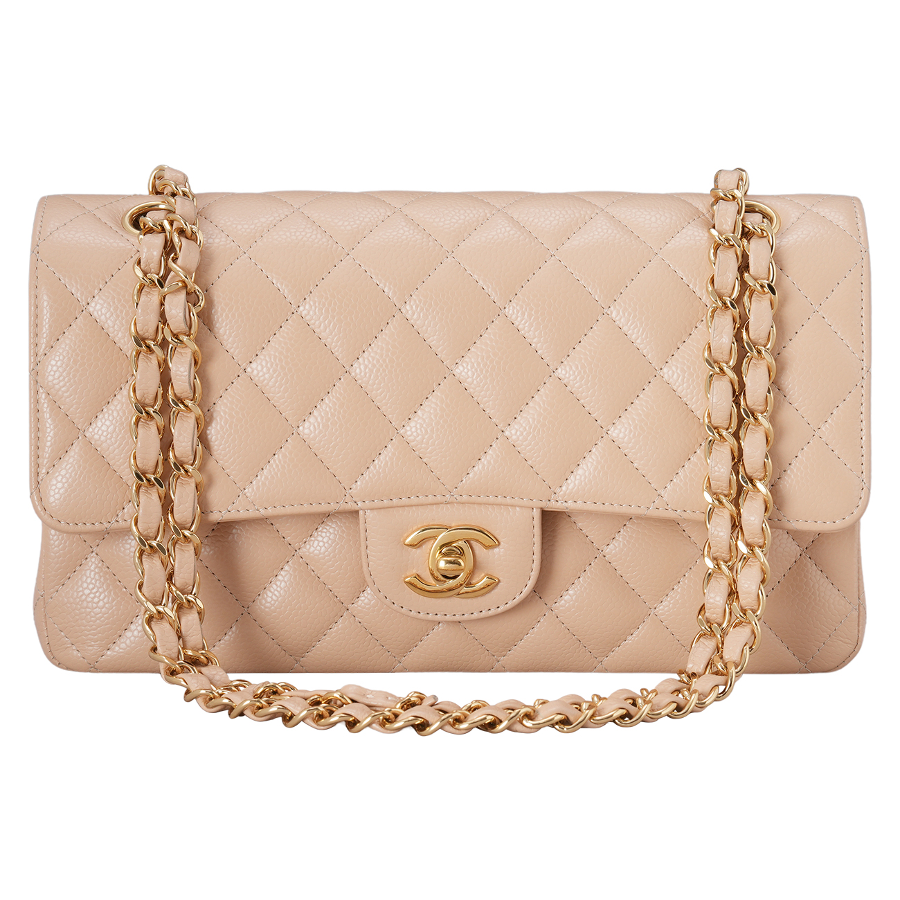 CHANEL(USED)샤넬 캐비어 클래식 미듐 플랩백 베이지 금장