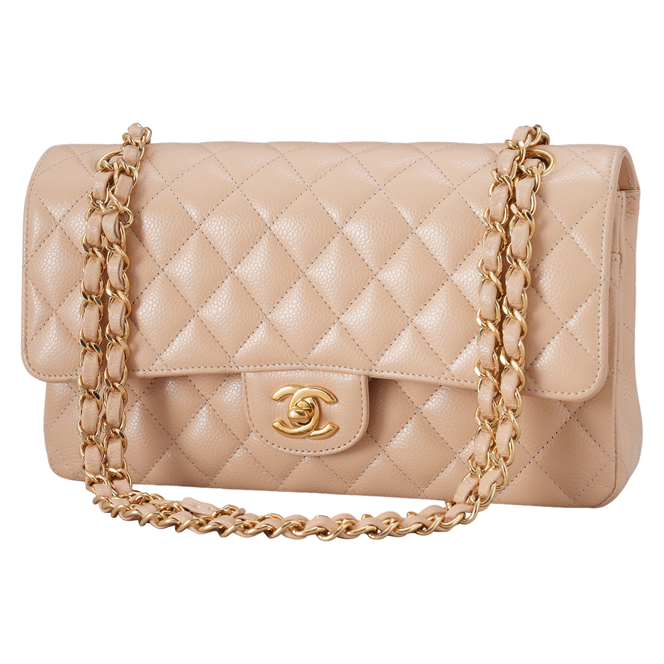 CHANEL(USED)샤넬 캐비어 클래식 미듐 플랩백 베이지 금장