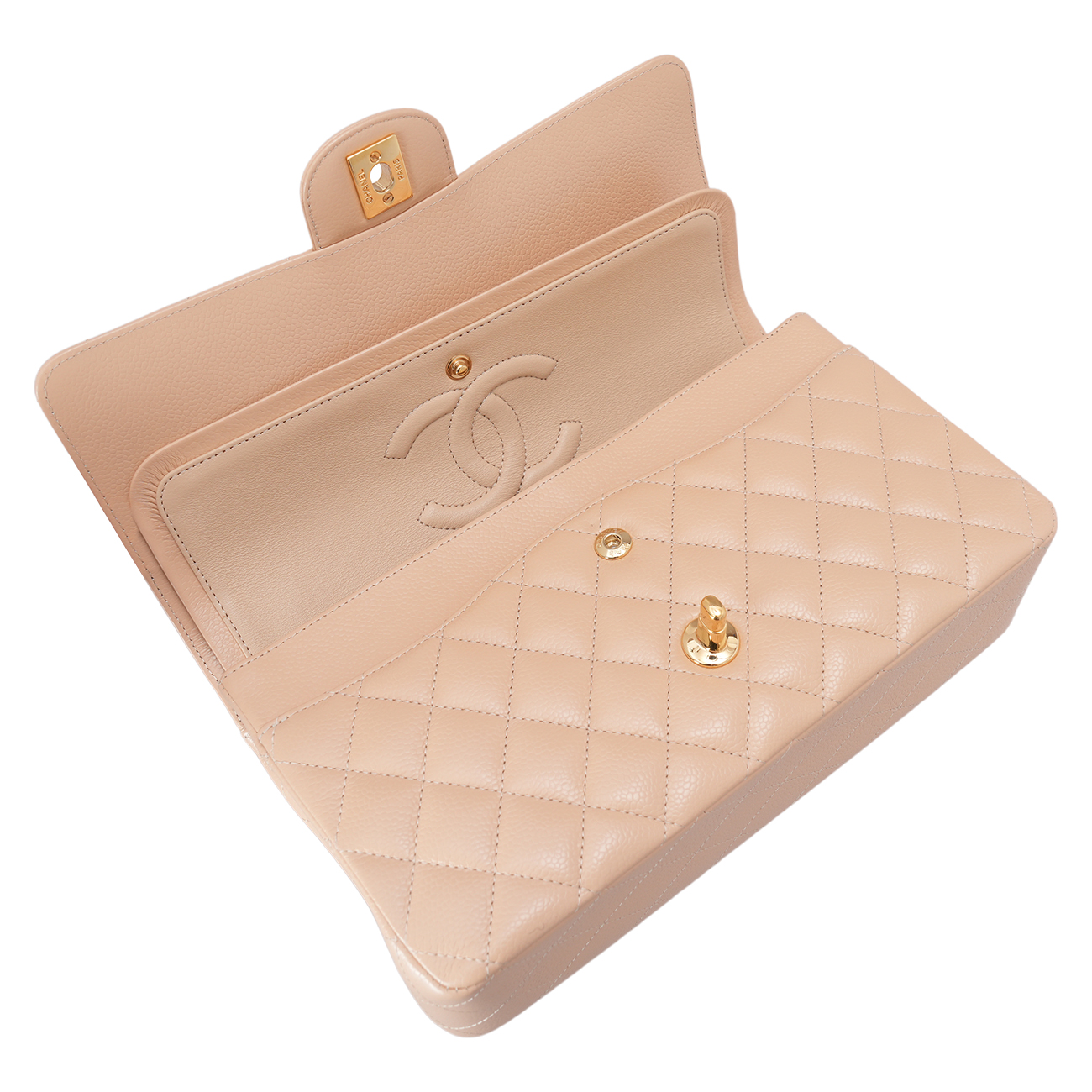 CHANEL(USED)샤넬 캐비어 클래식 미듐 플랩백 베이지 금장
