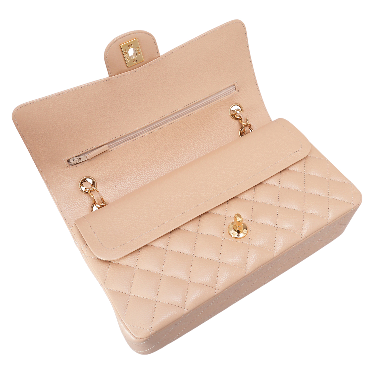 CHANEL(USED)샤넬 캐비어 클래식 미듐 플랩백 베이지 금장
