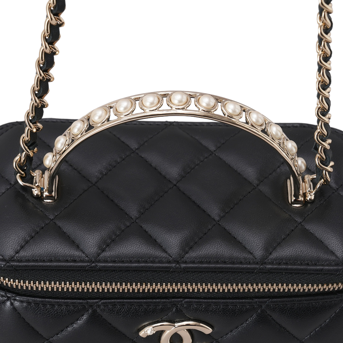 CHANEL(USED)샤넬 AP3956 램스킨 진주 탑핸들 직사각 베니티