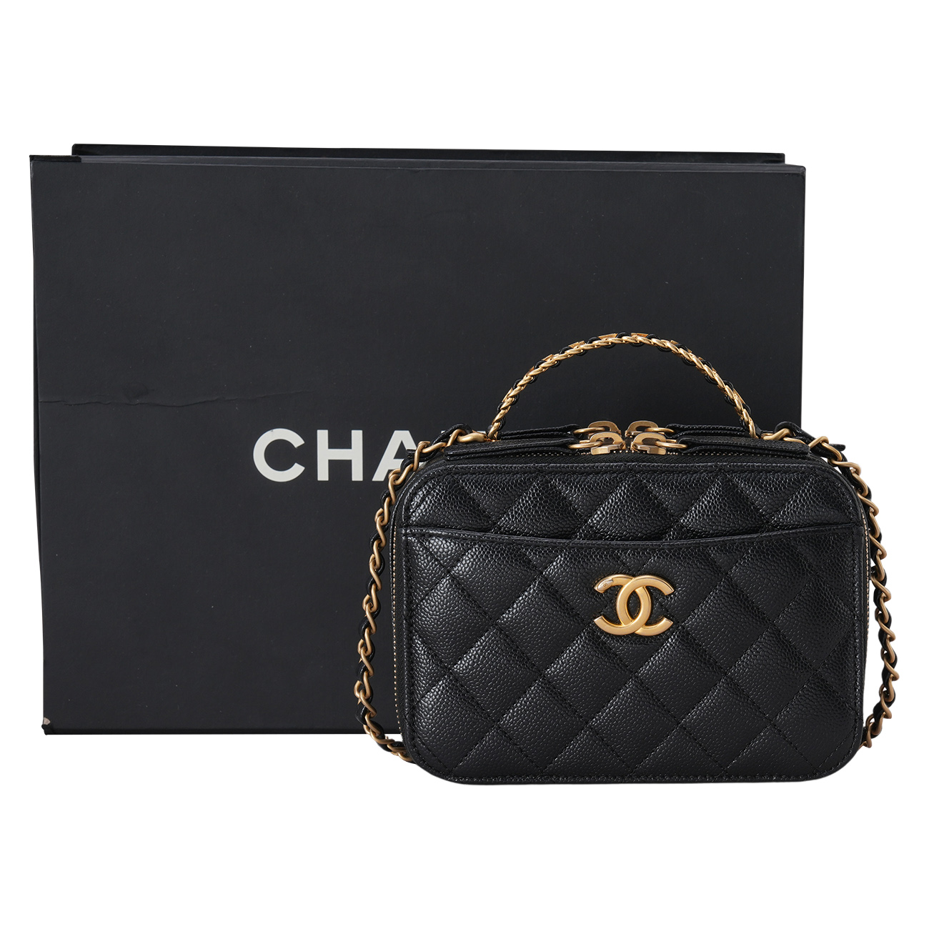 CHANEL(USED)샤넬 캐비어 시즌 코스메틱 베니티 레터링 탑핸들
