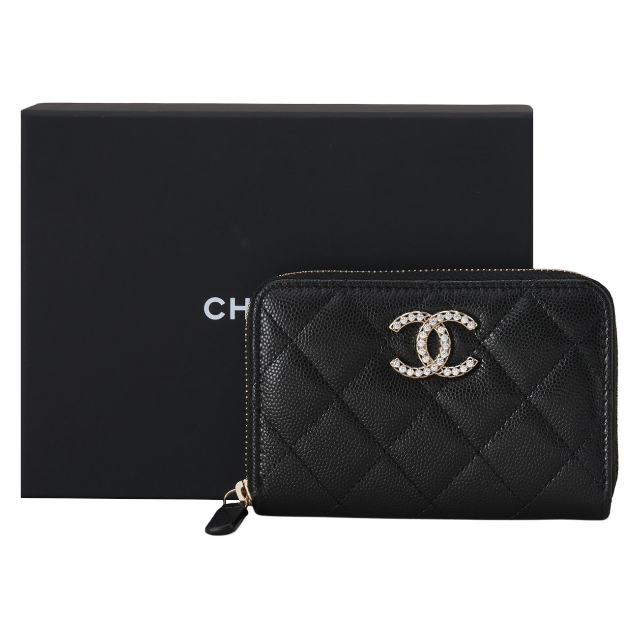 CHANEL(USED)샤넬 캐비어 큐빅 CC 지퍼 카드지갑 블랙