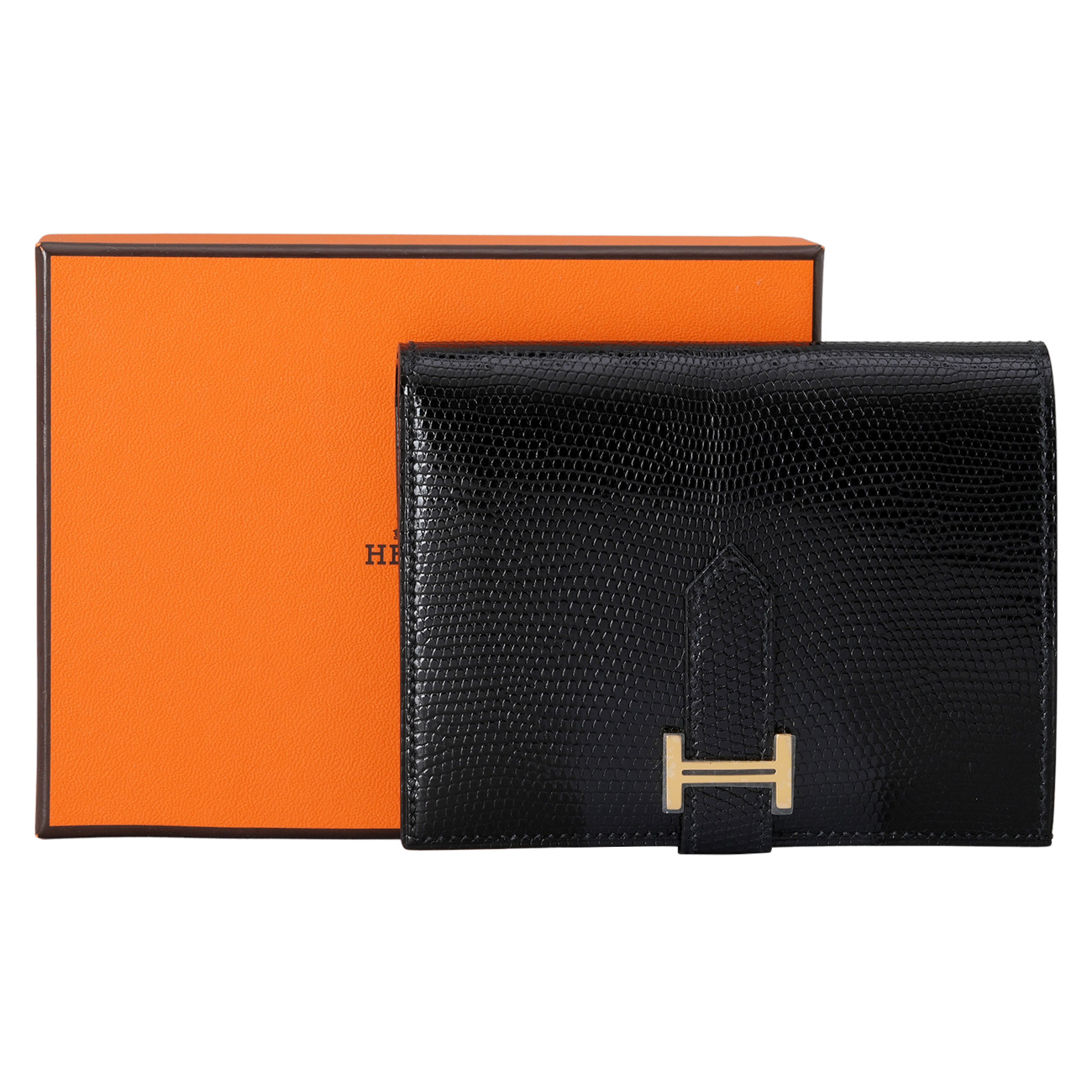 HERMES(USED)에르메스 베안 반지갑 리자드 느와 금장