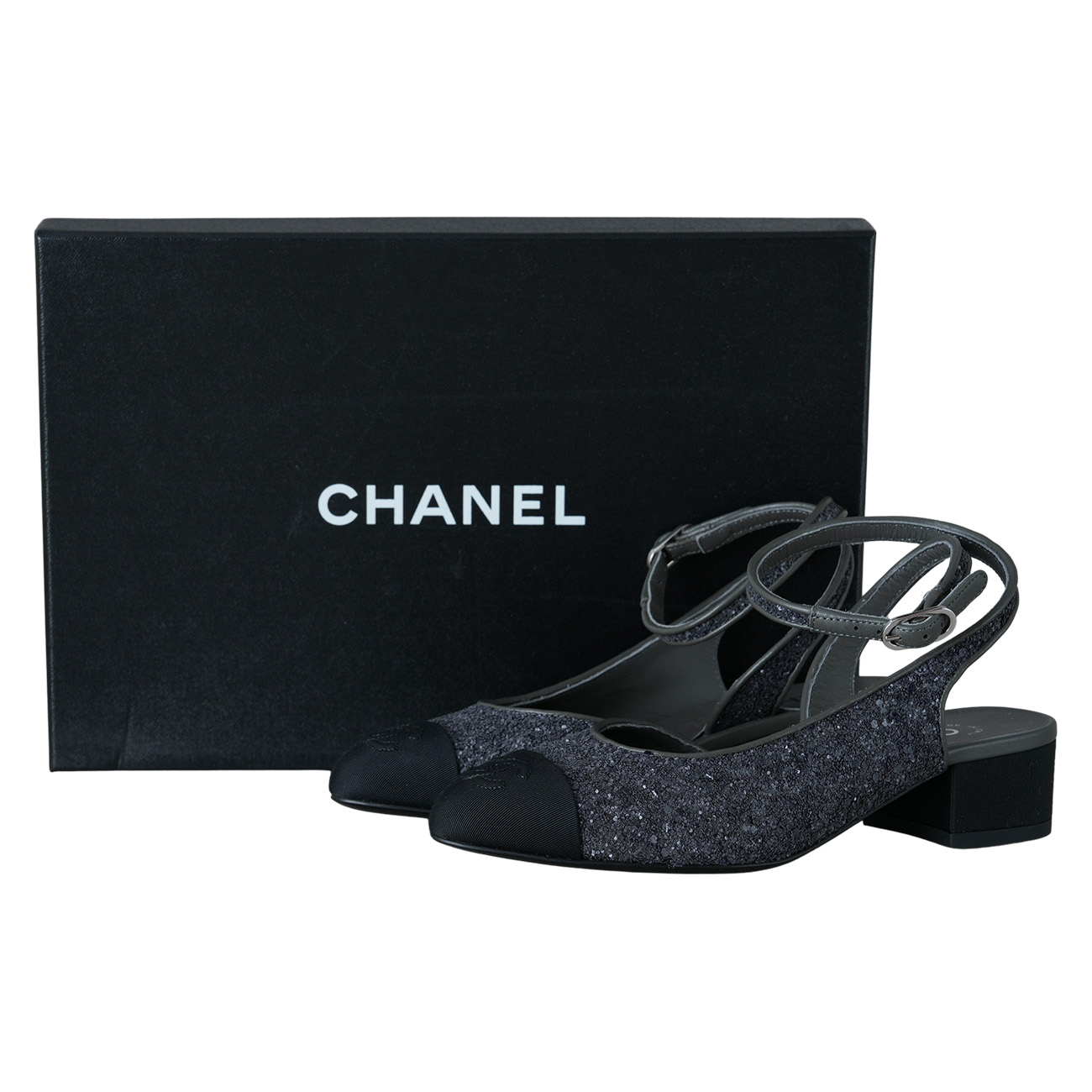 CHANEL(USED)샤넬 G37594 오픈 슈즈 글리터 그로그랭#35